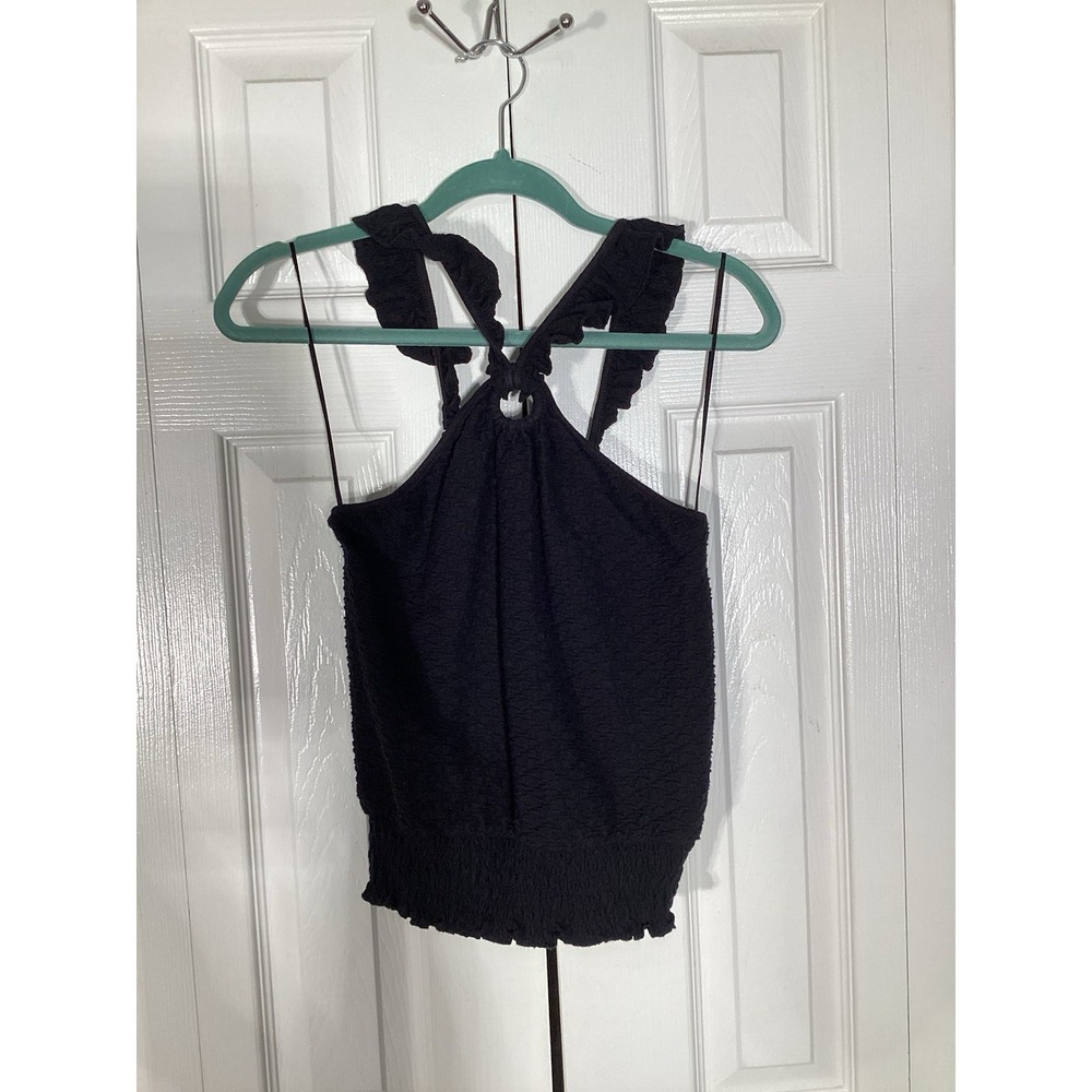 Women XS Anthropologie Marisol Ruffled Halter Blouse Black Tank Top Smocked